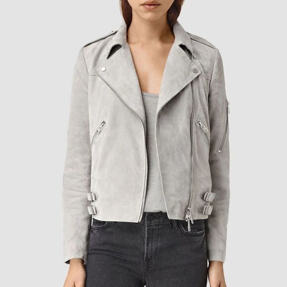 ALL SAINTS Sky Blue Suede Moto Jacket NWT Sz 2 - Picture 1 of 16